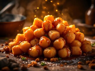 Pile of golden fried potato balls drizzled with sauce, steaming and appetizing.