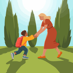 A captivating moment captures a joyful reunion between a child and their parent, embodying love, happiness, and connection in a serene natural setting under bright sunlight.