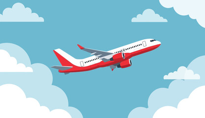 Vector illustration of a commercial passenger jet airplane flying in a blue sky with clouds, symbolizing global travel and adventure