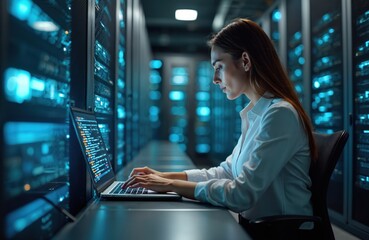 Woman works on laptop in server room. Codes manages data in modern data center. Tech pro performs operations. Digital infrastructure glows blue. Female specialist focuses on programming, ensuring