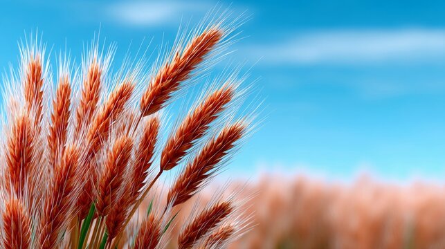 Close-up of wheat field with a blue sky background on a sunny day.