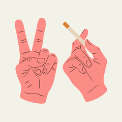 A contrasting image of two hands, one forming a peace sign while the other holds a cigarette, symbolizing duality in human emotions and lifestyle choices.