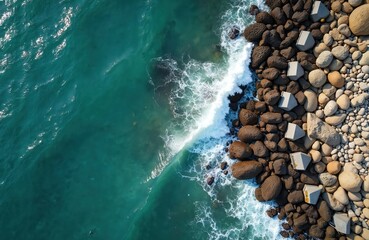 Aerial top down view of turquoise ocean wave crashing on rocky shore. Seacoast with stone breakwater, concrete blocks. Drone shot of sea water hitting beach stones. Coastal protection from powerful