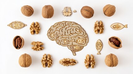 Brain health concept with walnut and pecan nuts arranged around wooden brain cutout on white background, symbolizing nutrition and cognitive function support