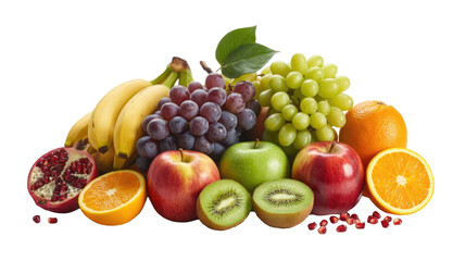 A vibrant assortment of fresh, healthy fruits including apples, bananas, grapes, oranges, kiwi, and pomegranate, ready to eat. background removed