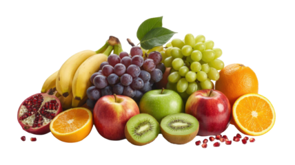 A vibrant assortment of fresh, healthy fruits including apples, bananas, grapes, oranges, kiwi, and pomegranate, ready to eat. background removed