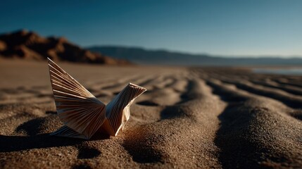 A beautifully folded origami bird rests on a sandy beach, showcasing intricate paper art against a tranquil backdrop of the ocean and distant mountains inviting peaceful reflection.