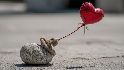 Valentine?s day concept with heart balloon tied to stone