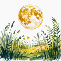 This artistic depiction of a bright moon illuminating a tranquil meadow filled with gentle grasses and wildflowers evokes feelings of peace and serenity, perfect for nature lovers.