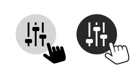 Settings control slider icon set with hand configuration adjustment vector simple pictogram graphic set, customize equalizer preference panel sign symbol, tune volume regulator mixer tool isolated
