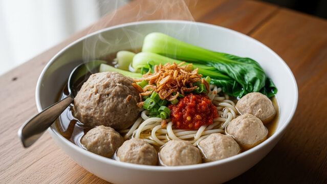 A warm bowl of Indonesian bakso with noodles, vegetables, chili sauce, and fried shallots, styled in a minimalist bowl with soft daylight.