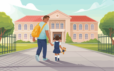 This heartwarming illustration depicts a father walking hand-in-hand with his daughter towards a school building, fostering a sense of companionship and support.