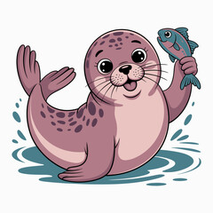 An adorable cartoon seal cheerfully holding a fish, radiating joy and playfulness, showcasing the charm and whimsy of marine life.
