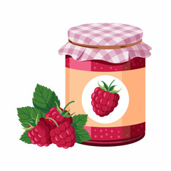 A beautifully crafted jar of raspberry jam sits beside fresh raspberries, evoking the essence of homemade treats and the vibrant flavors of summer produce showcased in an artistic manner.