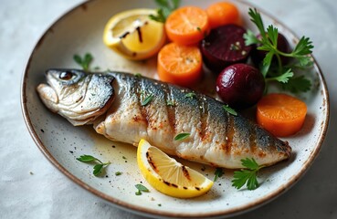 Whole grilled fish on ceramic plate. Served with roasted colorful root vegetables, lemon slices, fresh green herbs. Healthy, delicious seafood meal ready to eat at home. Represents fresh gourmet