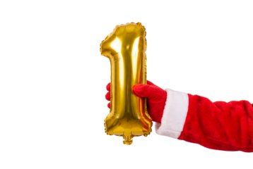 Santa costume hand holding a gold number one balloon on white background, festive holiday celebration and countdown concept for Christmas party decoration and winter marketing