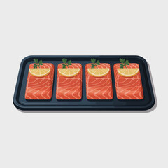 A stylish presentation of fresh salmon fillets lined on a platter, topped with lemon slices and herbs, showcasing a gourmet dining experience and culinary artistry.