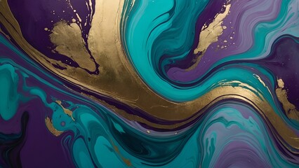 Abstract luxurious liquid art with marble effect in rich tones of turquoise deep purple and shimmering gold accents creating dynamic texture