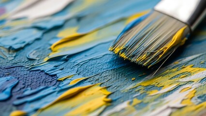 Close-up of paintbrush on textured blue and yellow paint.