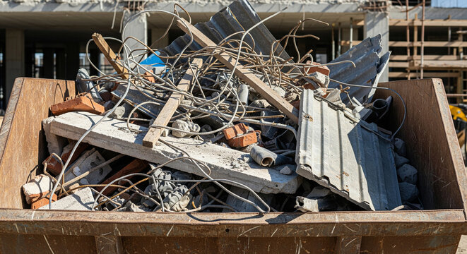 Garbage container with waste, with destroyed building materials and scrap metal, close-up on a construction site