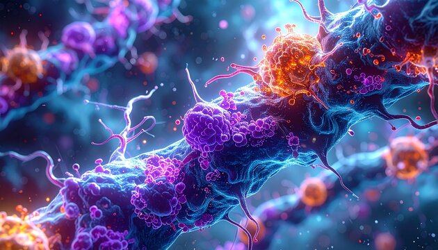 3D visualization of myelinated axons, oligodendrocytes creating myelin sheaths, fibrous astrocytes, dark blue, and microglia, violet, within central nervous system white matter