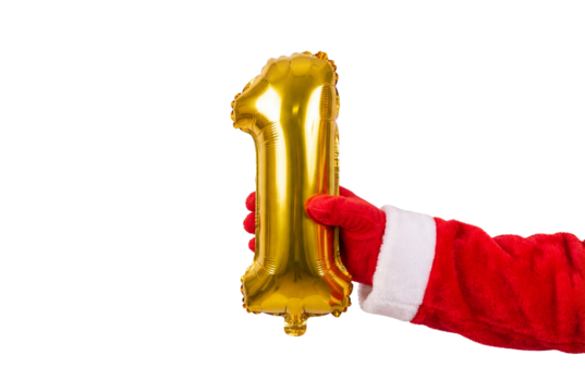 Santa costume hand holding a gold number one balloon on white background, festive holiday celebration and countdown concept for Christmas party decoration and winter marketing