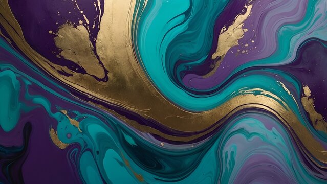Abstract luxurious liquid art with marble effect in rich tones of turquoise deep purple and shimmering gold accents creating dynamic texture - Powered by Adobe
