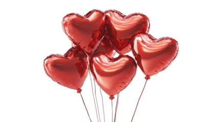 Romantic celebration decoration featuring red heart-shaped balloons and scattered rose petals for a love-filled holiday