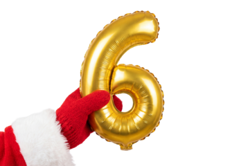 Hand in red winter glove holding gold number six foil balloon on white background, festive holiday concept for birthday age milestone, countdown and Christmas celebration