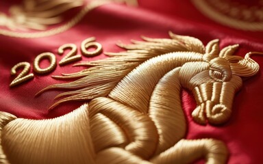 Golden horse embroidery with 2026 year on red fabric, chinese new year