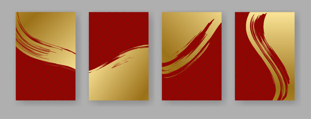 筆で描いた金色と赤色の和風背景素材のセット