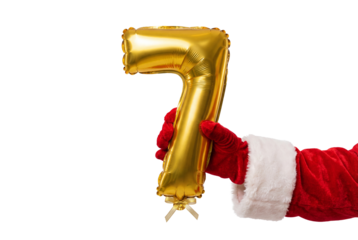Santa sleeve hand holding gold number seven foil balloon on white background, festive countdown and holiday celebration concept for Christmas party decor and New Year season