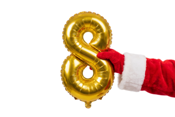 Santa glove holding gold number eight balloon on white background, festive holiday countdown and New Year party decoration concept for winter celebration and seasonal marketing