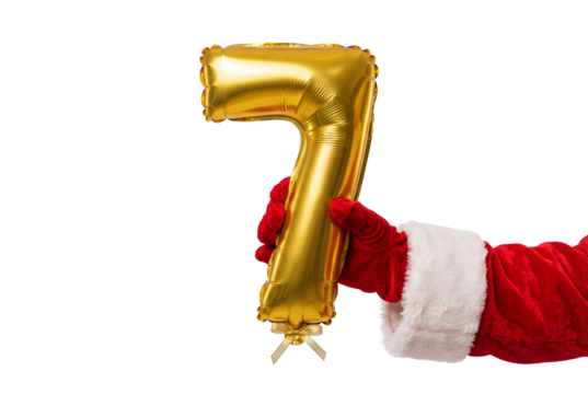 Santa sleeve hand holding gold number seven foil balloon on white background, festive countdown and holiday celebration concept for Christmas party decor and New Year season