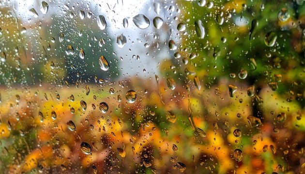 Close-up of rain droplets on glass, blurring a colorful autumnal outdoor scene. The drops are clear