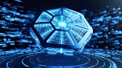 A futuristic, glowing, geometric structure with a lattice interior, neon blue against a dark field - Powered by Adobe