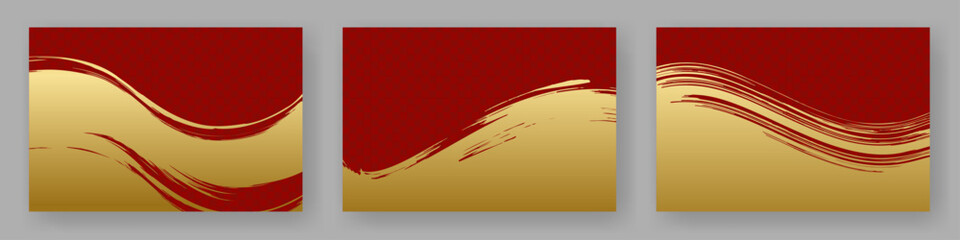 筆で描いた金色と赤色の和風背景素材のセット