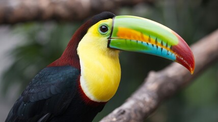 Fototapeta premium Vibrant toucan perches gracefully in lush rainforest habitat, a stunning tropical bird