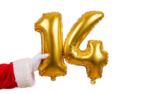 Santa hand holding gold foil balloons shaped as number 14 on white background, festive holiday countdown concept for Christmas party decor, birthday celebration and seasonal promotion