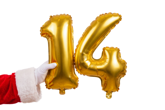 Santa hand holding gold foil balloons shaped as number 14 on white background, festive holiday countdown concept for Christmas party decor, birthday celebration and seasonal promotion