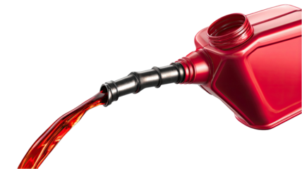 red plastic fuel container pouring liquid with flowing stream,isolated concept for gasoline ,motor oil and energy themes 
