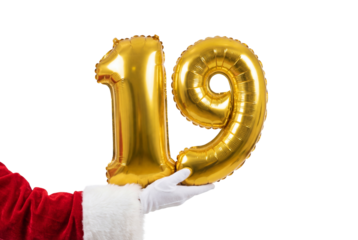 Santa hand holding gold number 19 balloons on white background, festive holiday countdown and birthday celebration concept for party decoration and seasonal promotion