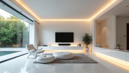 Modern minimalist living room features white floor walls, ceiling. Large window overlooks green trees, pool. TV entertainment center with built in lighting creates serene atmosphere. Furniture white,