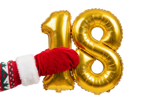 Hand in red Christmas mitten holding gold number 18 foil balloons on white background, festive milestone birthday or anniversary celebration with holiday theme and winter party decor
