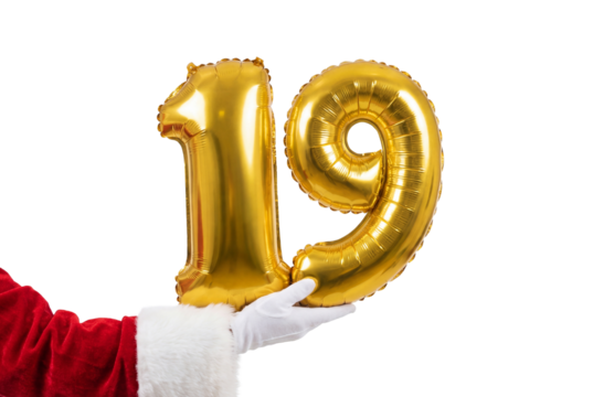 Santa hand holding gold number 19 balloons on white background, festive holiday countdown and birthday celebration concept for party decoration and seasonal promotion