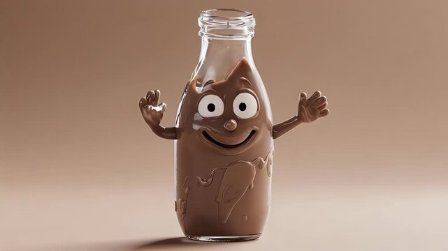 Animated chocolate milk bottle character smiling and gesturing with arms in studio