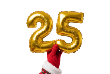 Hand in red winter glove holding gold foil balloons shaped as number 25 on white background, festive celebration concept for birthday, anniversary or holiday countdown