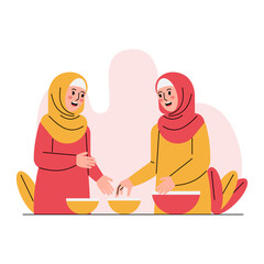 Vector Friends Preparing For Iftar Set Of Illustration Ramadan Dinner Gathering Muslim Family Meal Breaking Fast Kitchen Table Food And Drinks Festive Evening Community Togetherness Cultural