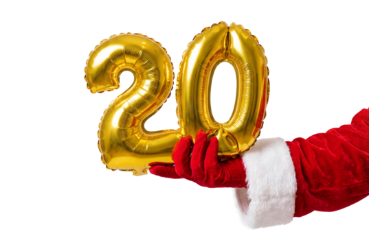 Hand in red Santa costume holding gold number 20 balloons on white background, festive holiday celebration and countdown concept for Christmas party decoration and winter milestone