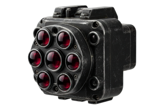 Black sci-fi optical sensor device with red lenses on isolated background